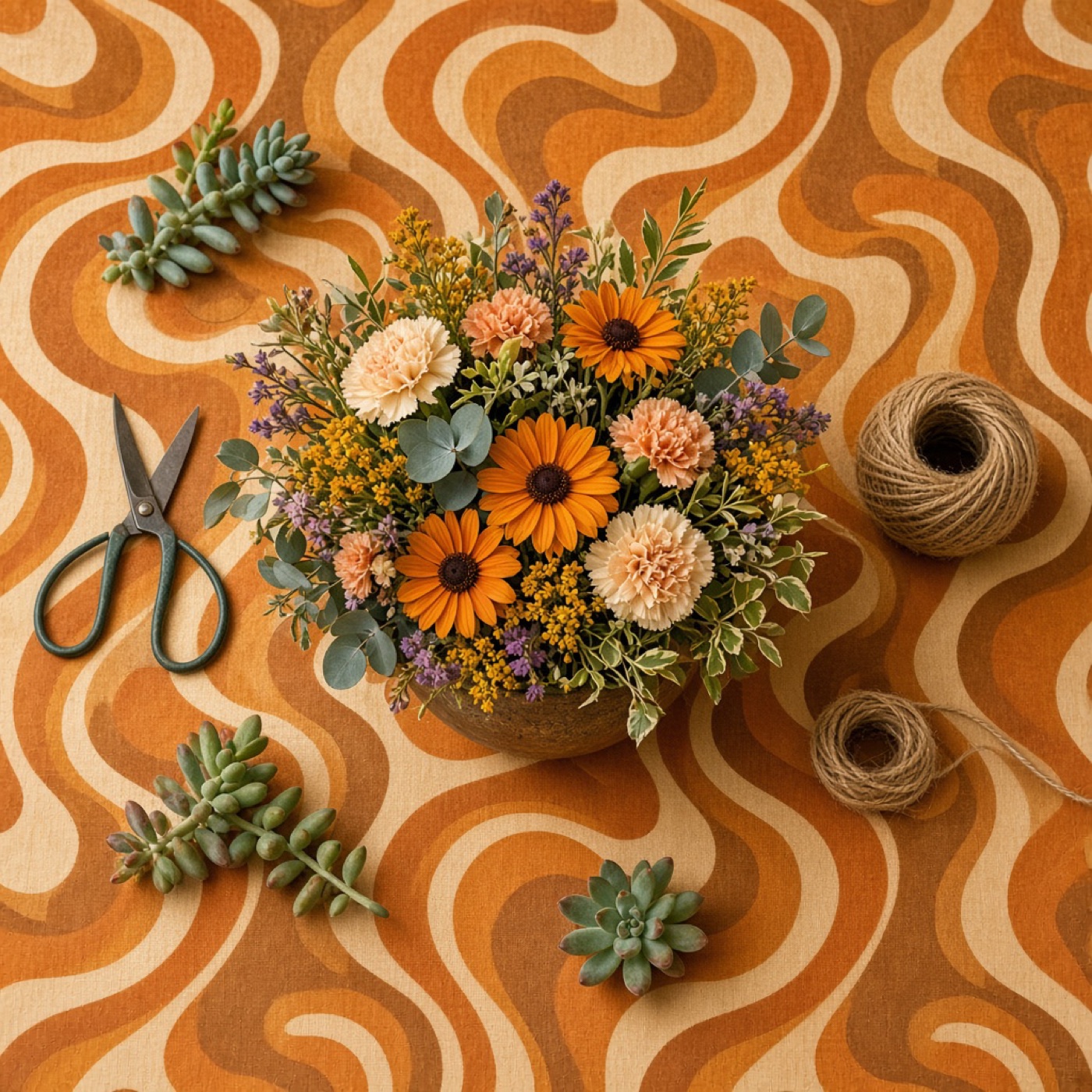 A bowl of orange gerbera daisies, peach carnations and lavender on a swirling orange 1970s print, with twine and scissors