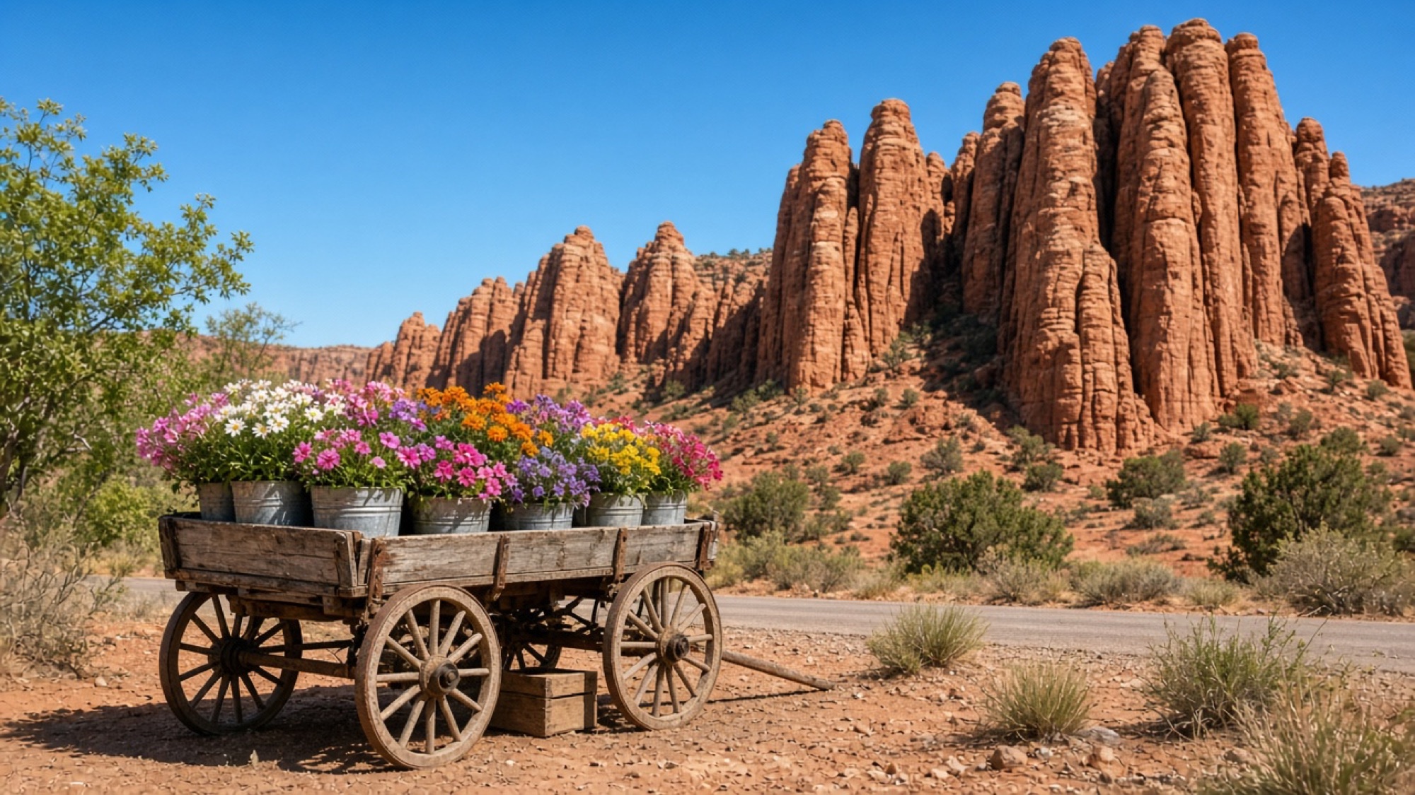 An old wooden wagon full of potted flowers in front of red sandstone spires
