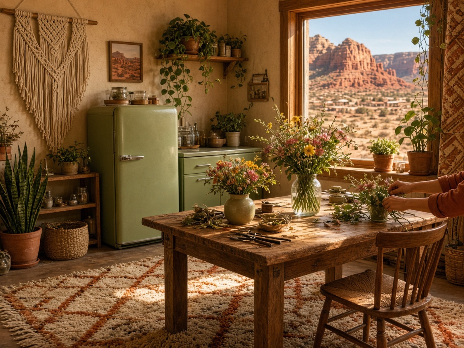 A sunny 1970s-style flower studio with a green fridge, a macramé hanging, jars of stems and a window onto red cliffs