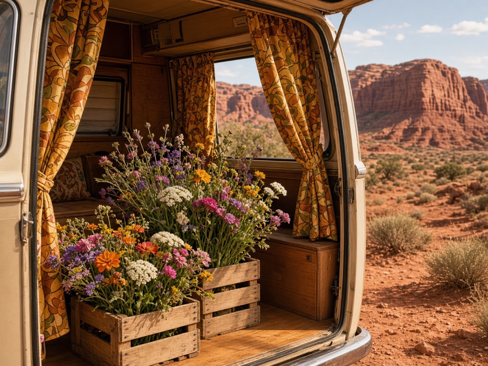 The open back of a cream van with patterned curtains, crates of wildflowers inside and red cliffs beyond