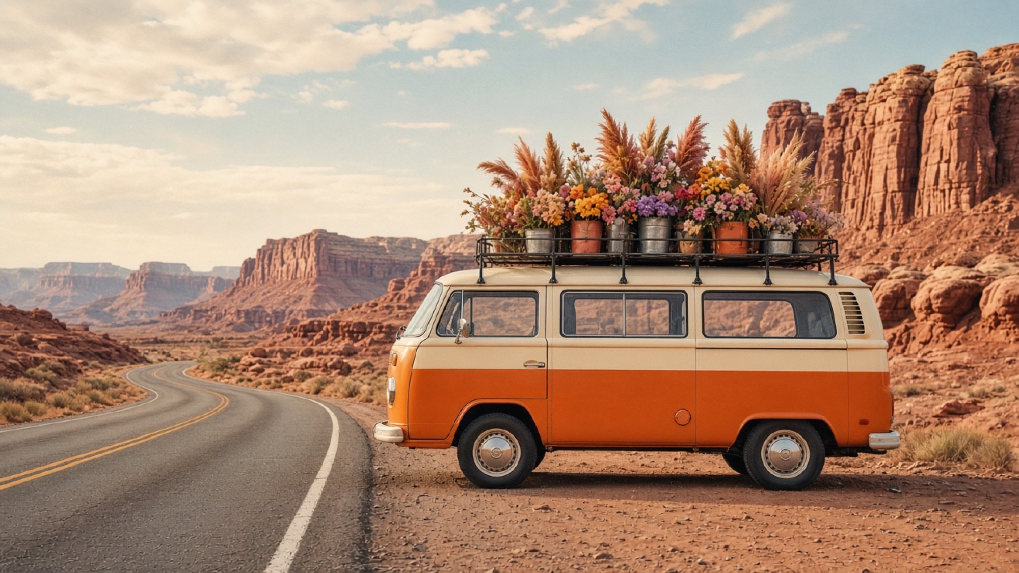 An orange and cream van with buckets of flowers on its roof rack, parked on a red-rock desert road